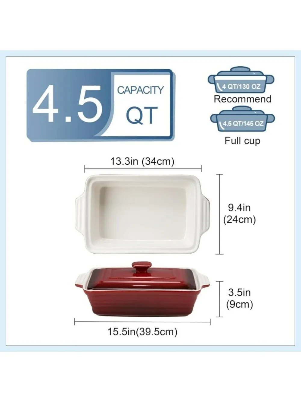 4.5 Quart Ceramic Casserole Dish with Lid - Oven & Microwave Safe Bakeware for